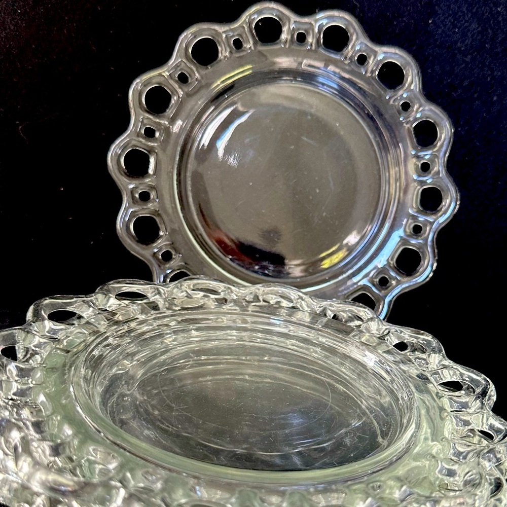 FIVE Vintage Open Work Clear Lace Glass Luncheon Plates by Lancaster Glass